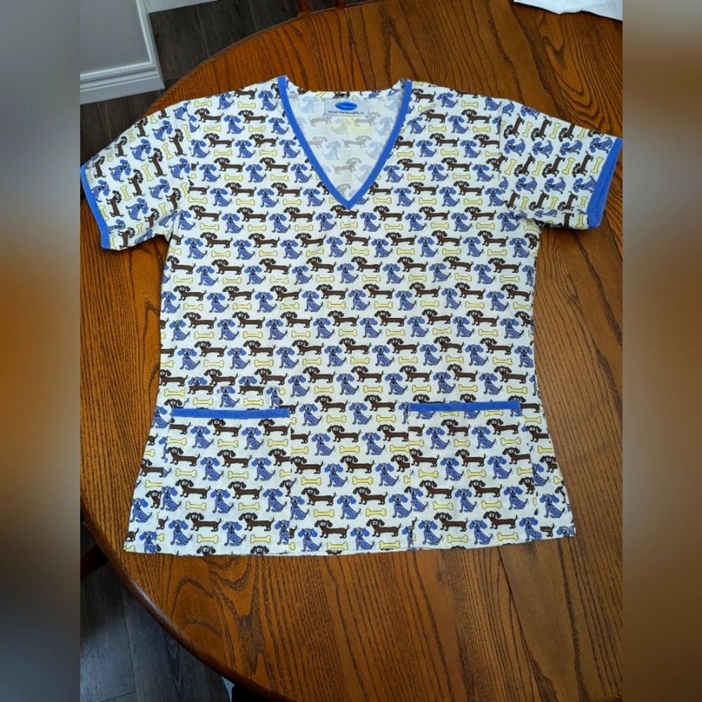 - Blue and Yellow, Dog And Bones  Print Scrub Top. Nomson Warehousing. S…